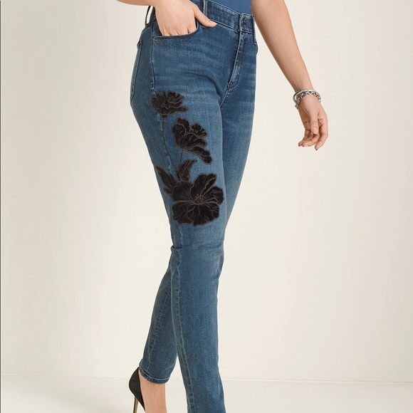 Chico's | Jeans | Chicos Black Velvet Flower Appliqu Stretch Jeans |  Poshmark